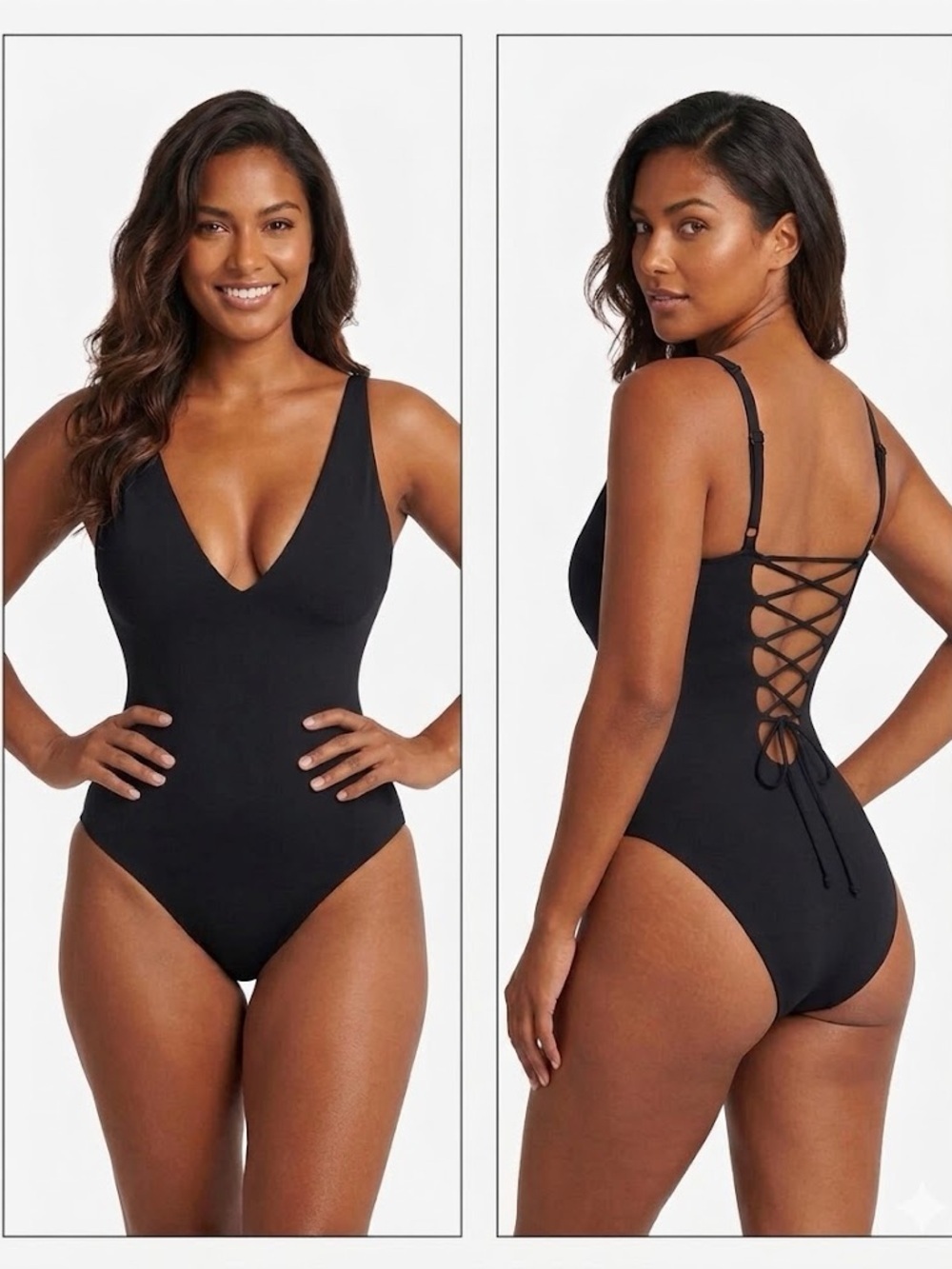 TA3 Plungey Black One Piece Swimsuit lace up corset snatched Shapeware petite